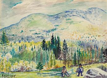 DAVID BURLIUK Two Men Resting by the Woods in a Mountainous Landscape.